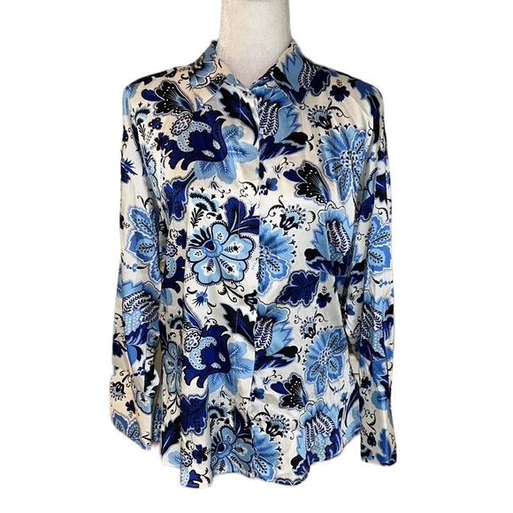 NWT Zara Navy Aqua Blue & White Floral Satin Button Down Blouse - L - Picture 6 of 16